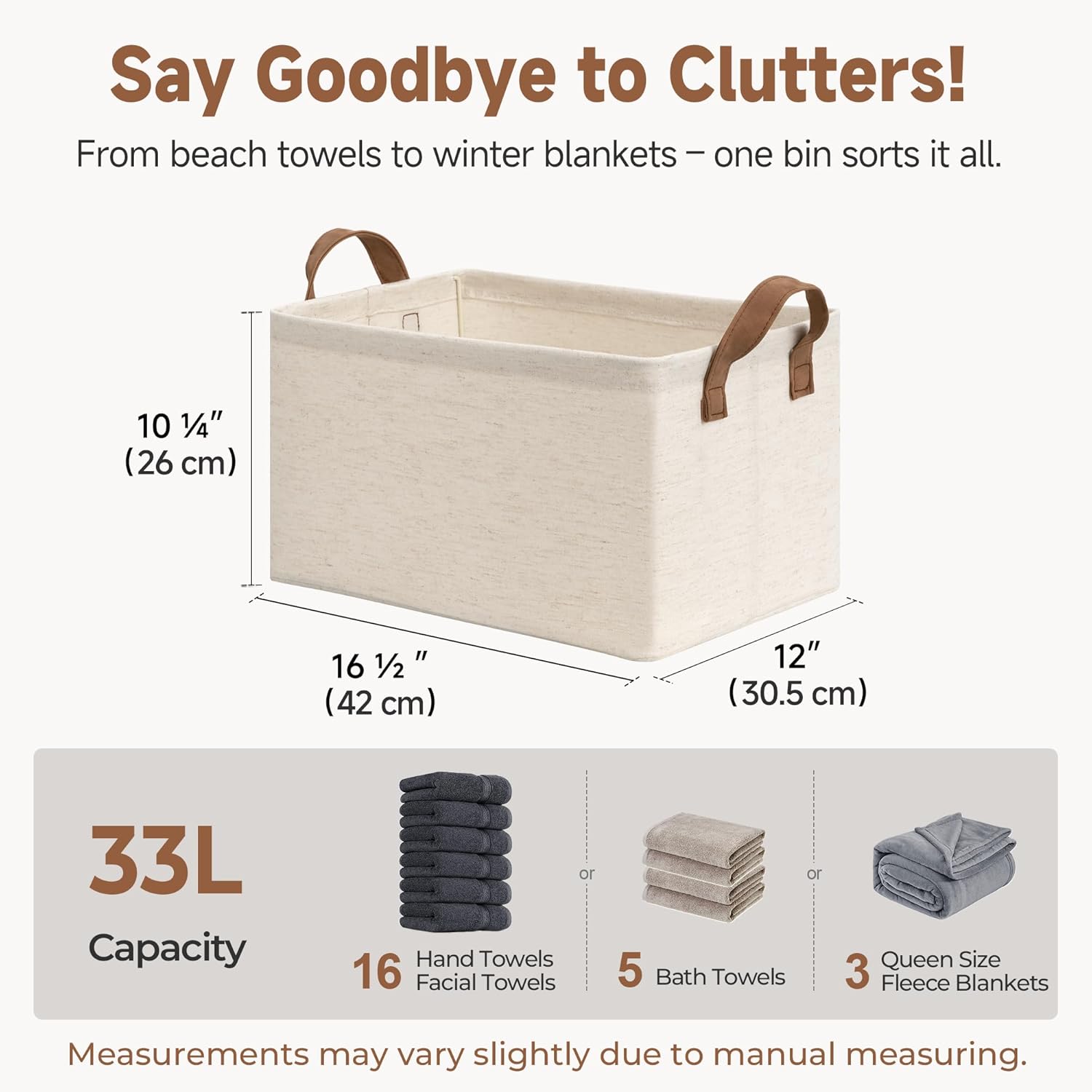 StorageWorks Storage Bins, Shelves Baskets for Organizing, Large Fabric Closet Organizers with Handles, Metal Frame, Beige（Cotton-linen）, 2-Pack