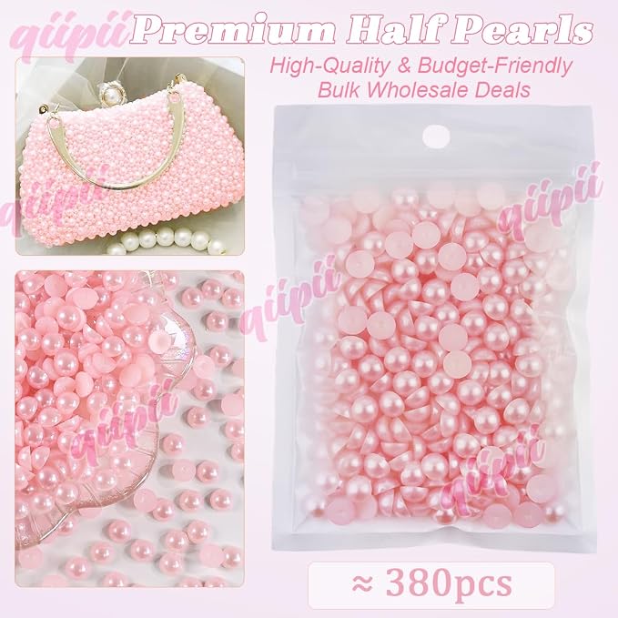 qiipii 380PCS 8mm Light Pink Round Half Round Pearls - Image 2