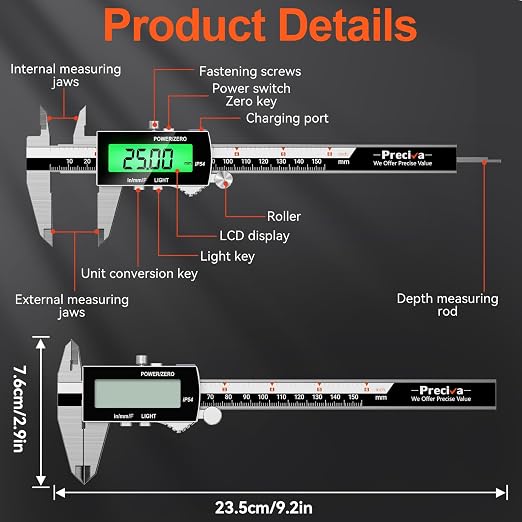 Preciva Backlight Digital Caliper, 6inch IP54 Waterproof Rechargeable - Image 7