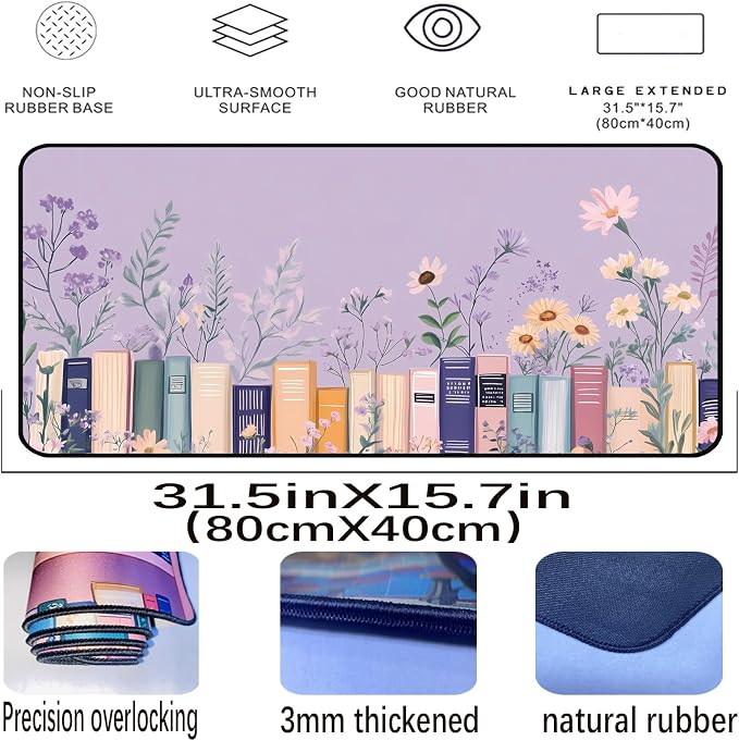 Purple Book Desk Pad Mat XXL, Lavender Flower Large Mousepad, Game Desk Mat - Image 2