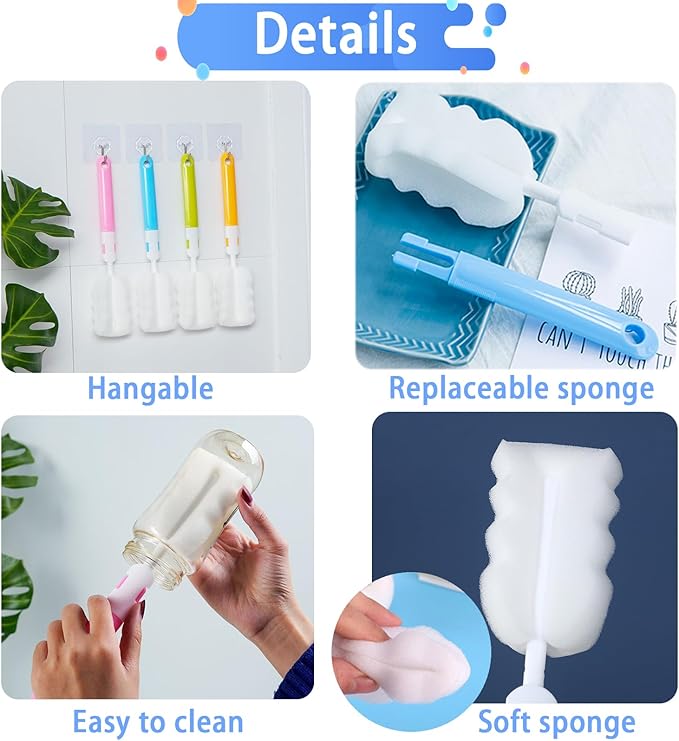 INVODA 4PCS Sponge Cup Brush with 4PCS Straw Brushes Portable Long Handle Water Bottle Cleaner Brush for Baby Bottles Vacuum Flasks Mugs Glasswares