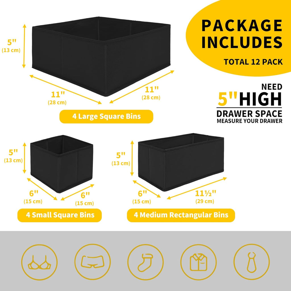 Cupic Cupid Drawer Organizer, Dresser Organizers, Foldabe Drawer Organizer Clothes, Closet Organization and Storage Dividers for Socks, Underwear and Diaper, Set of 12, Black