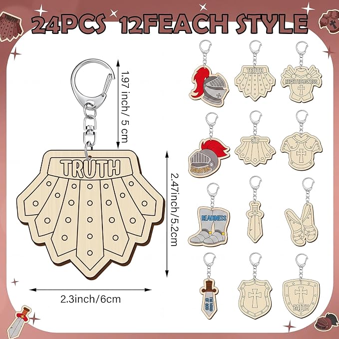 RattanView 24 Pcs Armor of God Crafts Color Your Own Keychains DIY Craft Wooden - Image 2