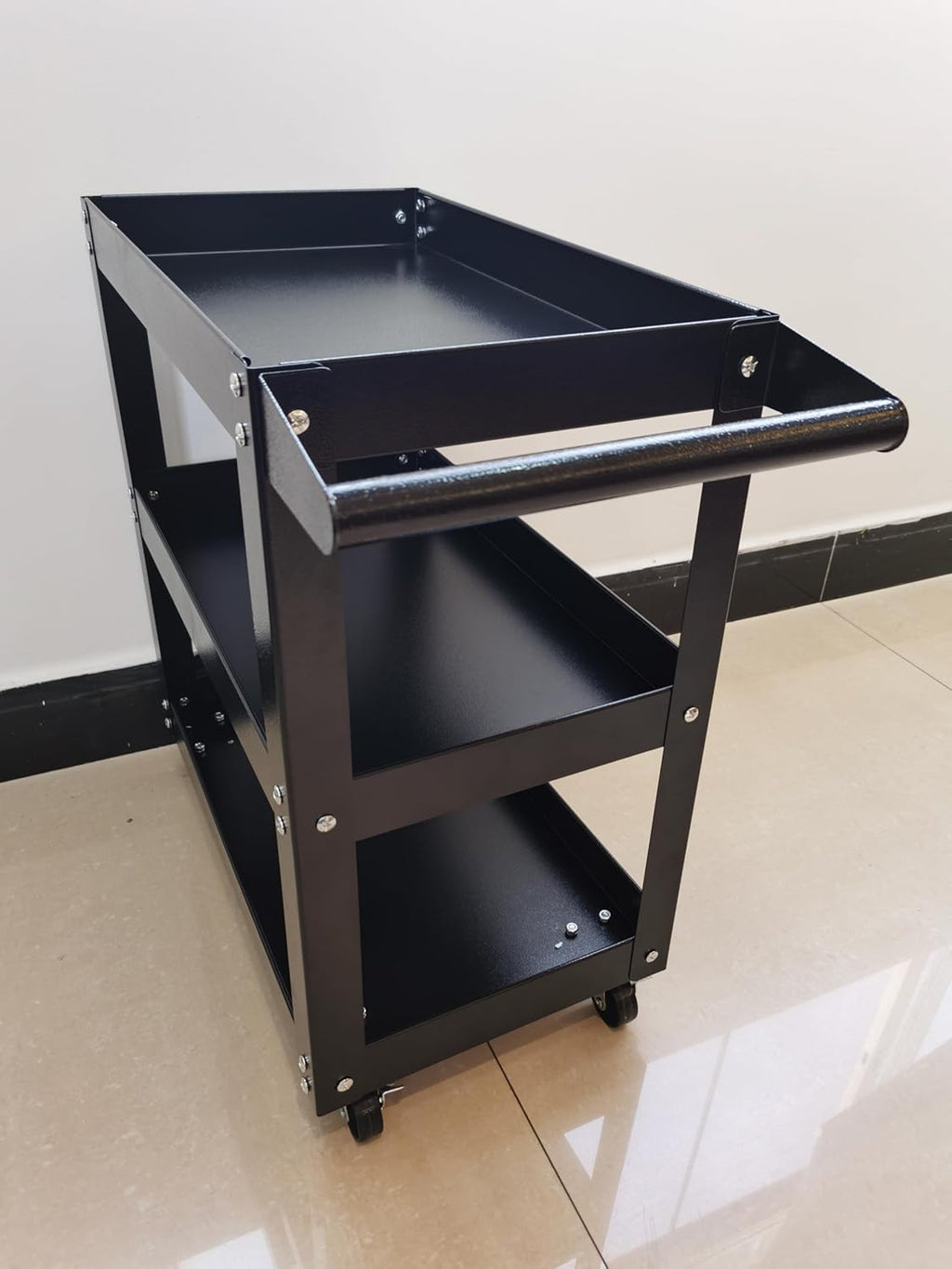 Utility Service Cart, 3 Shelf 150LBS Heavy Duty Steel Rolling Utility Cart, Medium Lipped Shelf, 360° Swivel Wheels, Ergonomic Storage Handle for Warehouse Garage, Black