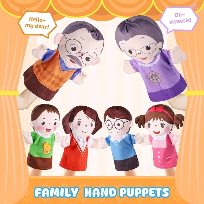 6 Pcs Family Hand Puppets 10 Inch Grandparents, Mom & Dad, Brother & Sister - Image 3