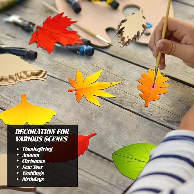 Subacy 80 PCS Unfinished Wood Cutouts 8 Styles DIY Wooden Crafts, Autumn Maple - Image 7
