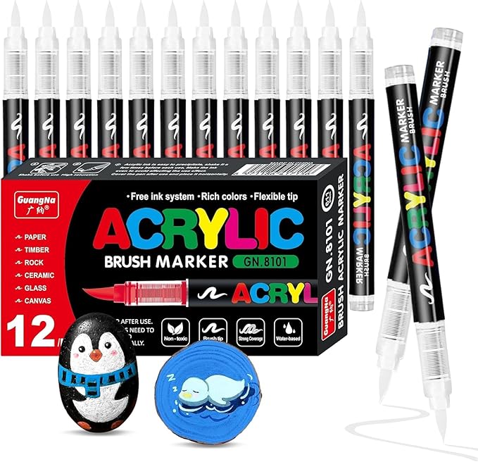 Surcotto 12 PCS White Acrylic Paint Markers, Water-Based Acrylic, Soft Brush by Surcotto