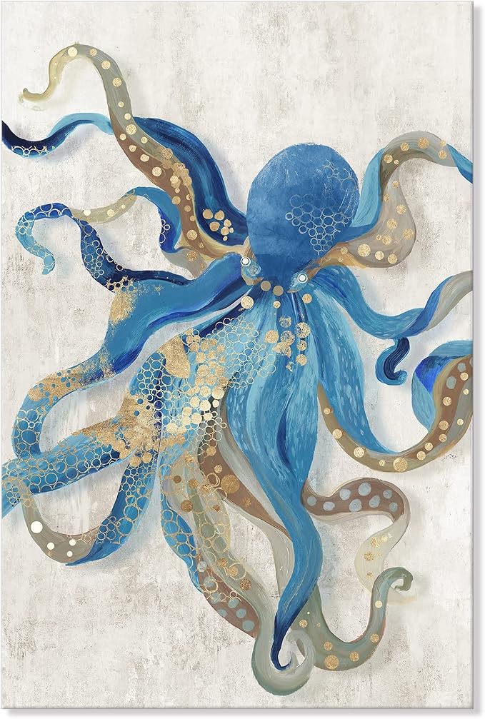 Octopus Canvas Wall Art Blue and Gold Sea Animal Picture Ocean Life Theme by JAPOART