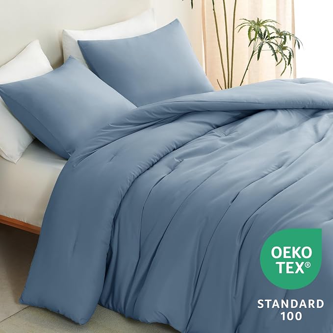 CozyLux Oversized Queen Comforter Set Grayish Blue, 3 Pieces 98x98 Solid - Image 4