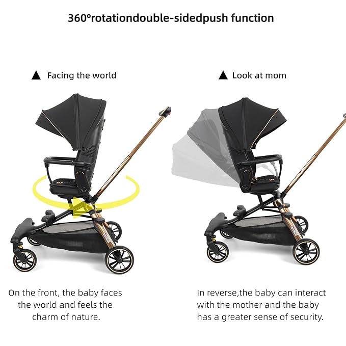Lightweight Folding Stroller Wagon for Baby & Toddler Travel, 360° Reversible Seat, Adjustable Canopy with Storage Basket, Airplane-Friendly Compact Umbrella Stroller,Glory Black