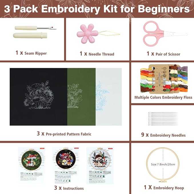 RidaaFri Embroidery Kit for Beginners, 3 Pk Stamped Mushroom DIY Craft Supplies - Image 3