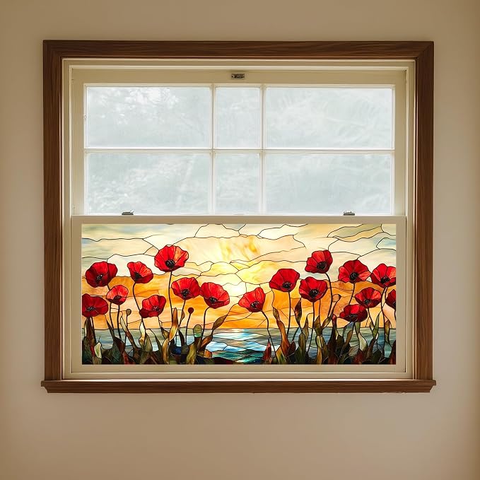 IVN Stained Glass Window Film 39.3x17.7 inch Poppy Flowers Window Privacy Film - Image 4