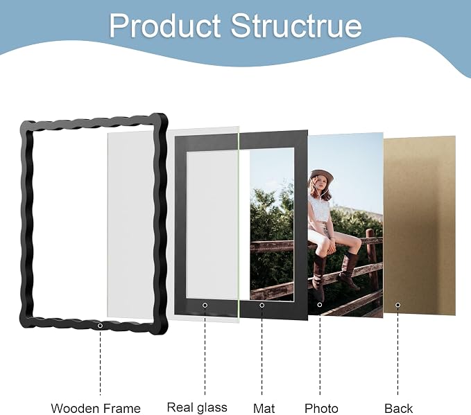 12x12 Picture Frame with Mat for 10x10, Wavy Edge Wooden Real Glass Photo Frame - Image 5