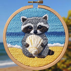 Punch Needle kit for Beginners, Raccoon Collecting Shells Beach Scene Punch by Unknown