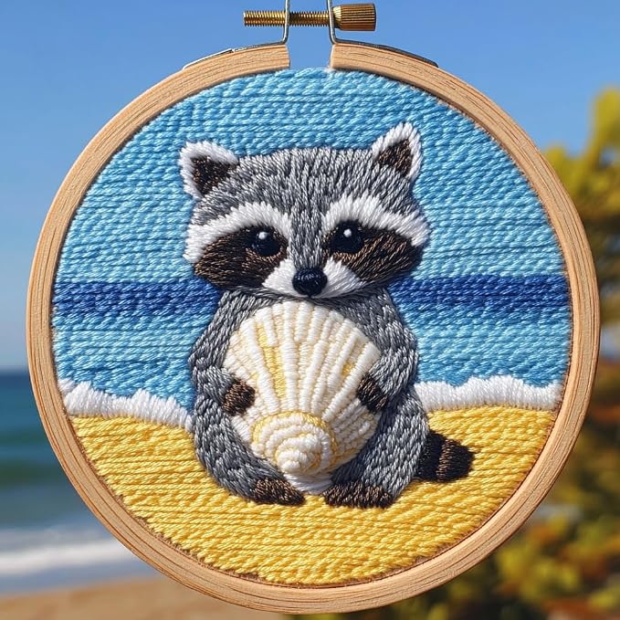 Punch Needle kit for Beginners, Raccoon Collecting Shells Beach Scene Punch by Unknown