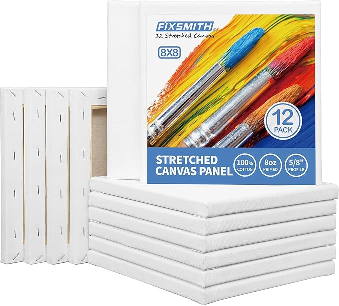 FIXSMITH Stretched White Blank Canvas- 8x8 Inch, Bulk Pack of 12, 100% Cotton by FIXSMITH