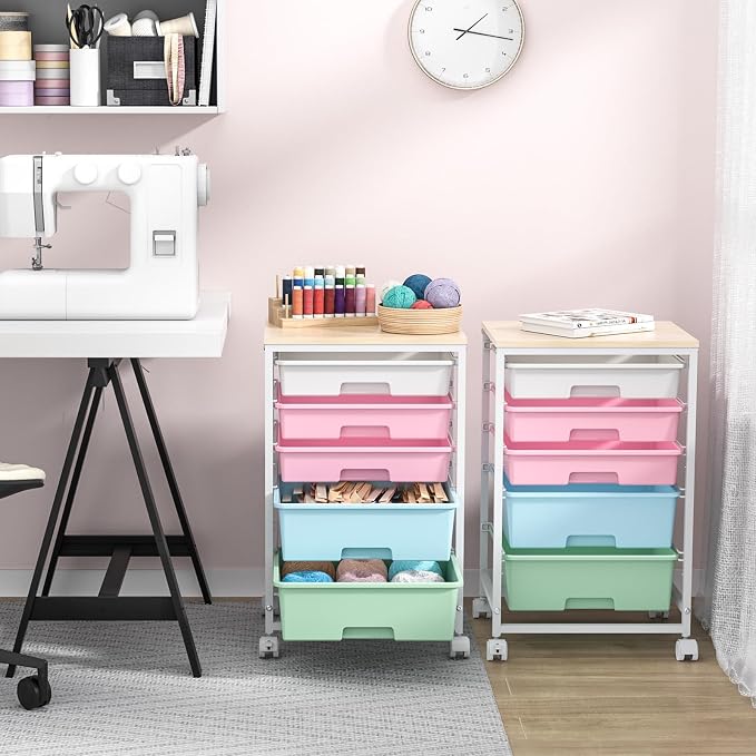 SYKIARIOL Utility Cart with 5 Drawers, Storage Drawer Cart with Wooden Tabletop - Image 9