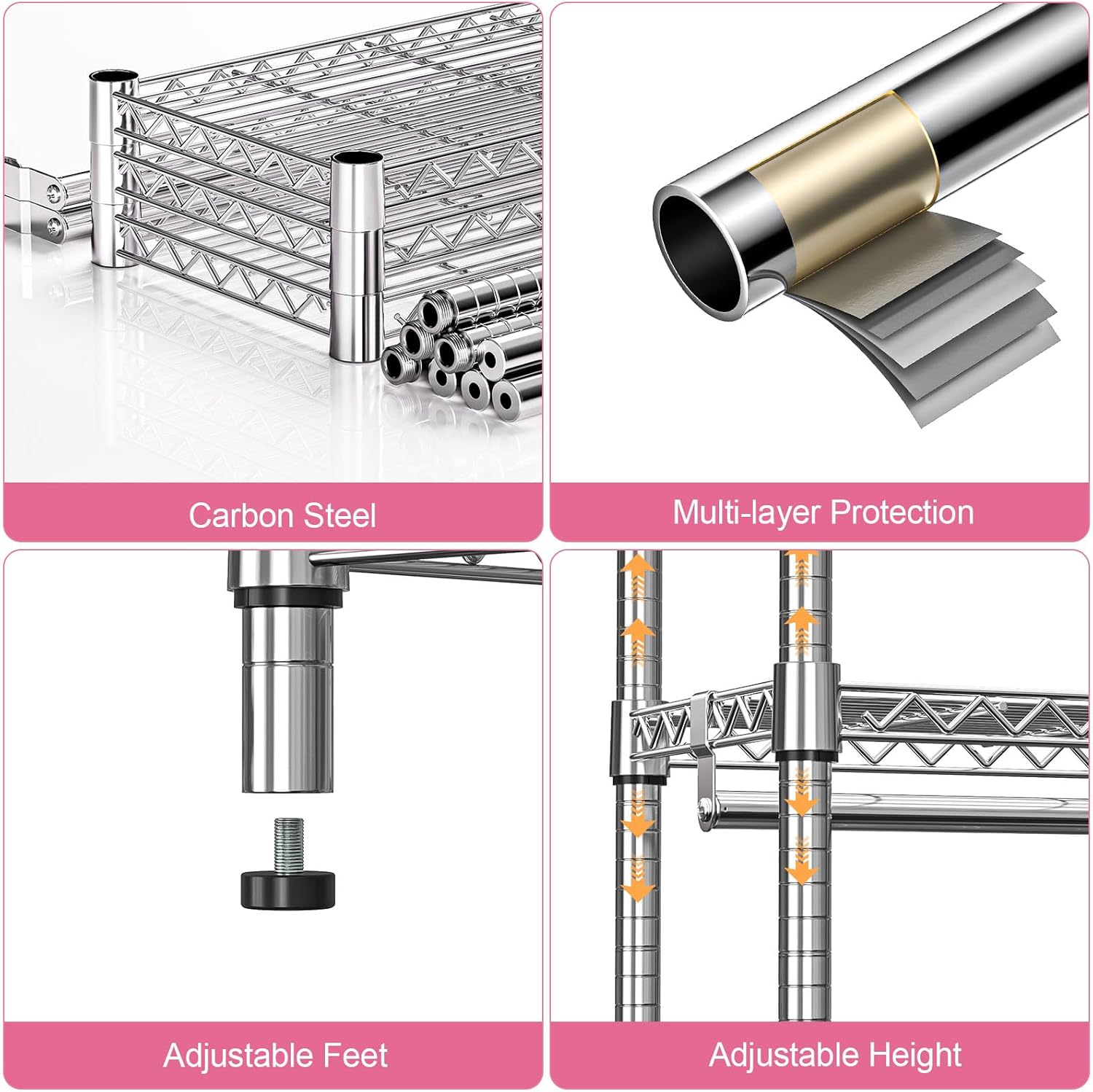 Heavy Duty Rolling Garment Rack 3 Tiers Adjustable Wire Shelving Clothes Rack with 2 Rods and Side Hooks,Storage Closet Clothing Rack with Wheels Chrome 15.7" D x 45.3" W x 79.6" H