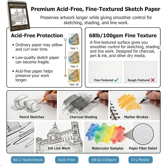 Soucolor Artist 9x12 Sketch Book Set, 4 Pack 400-Sheet Spiral Drawing Pads | - Image 3
