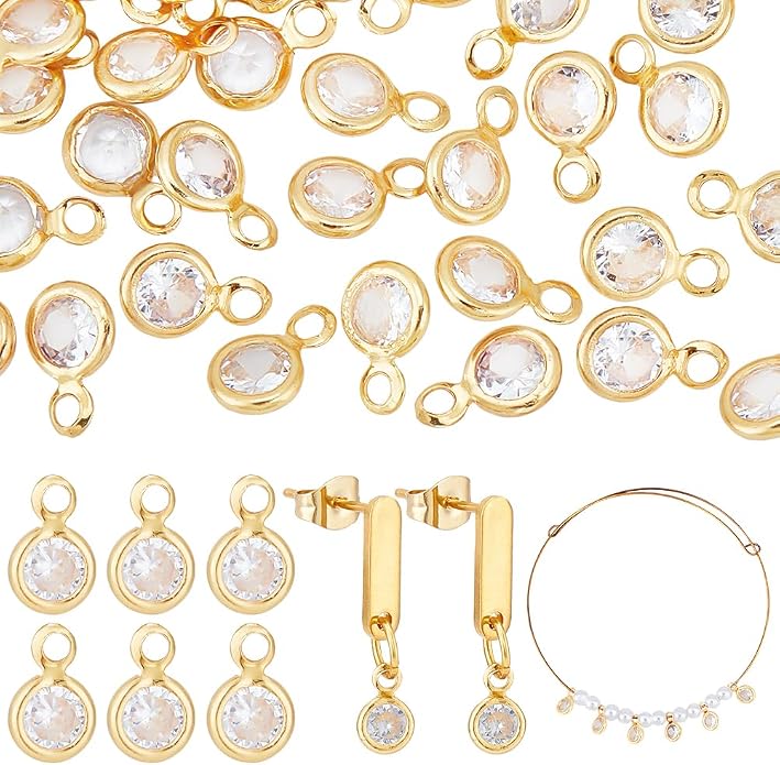 PH PandaHall 50pcs Cubic Zirconia Charms, 18K Gold Plated Round Crystal Charm by PHPandaHall