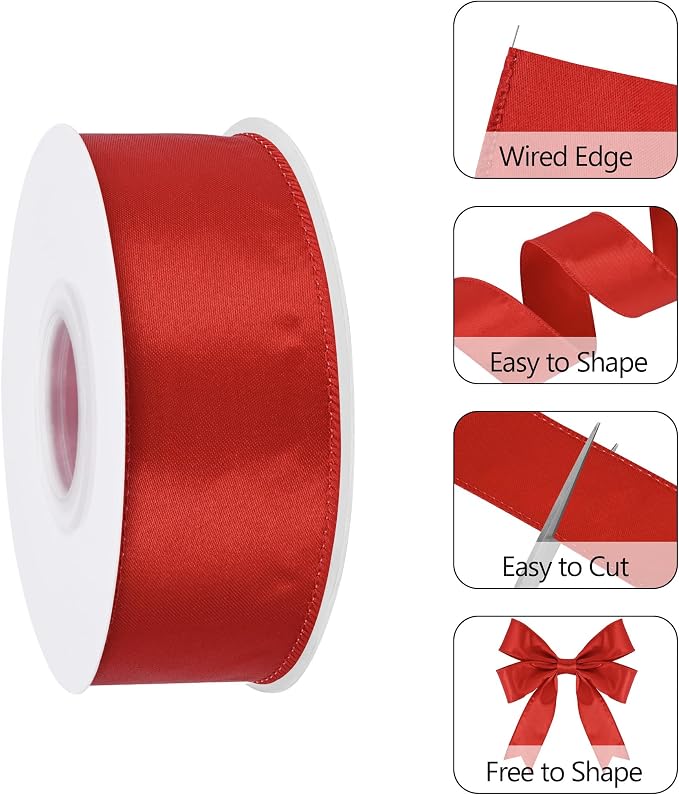 Red 1.5 Inch Continuous 25 Yards Satin Wired Ribbon - Image 3