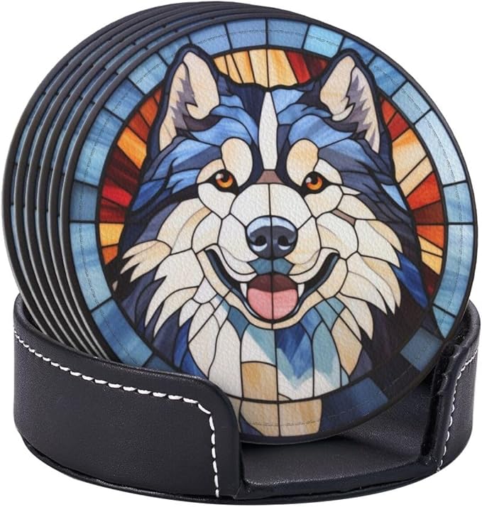 Drink Coaster Set of 6, Alaskan Malamute Dog Mom Lover Gift, Leather Drink - Image 5