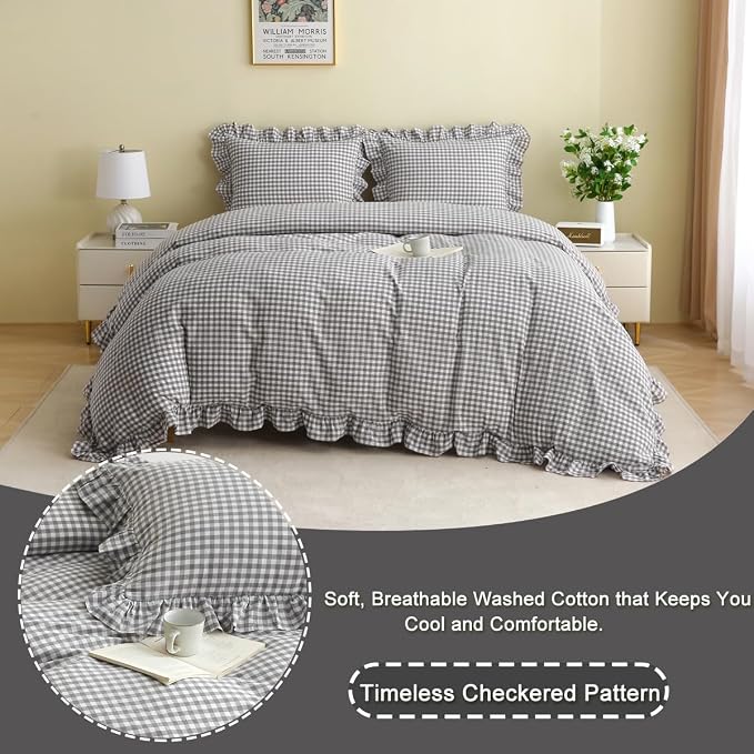 Silnuo Grey/White Checkered Ruffle 3-Piece Duvet Cover Set King Size, Washed - Image 3