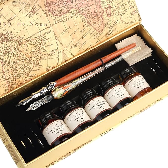 MU-02 Calligraphy Pen Set, Glass Dip Pen and Handcrafted Wooden Dip Pen Gift Set by GC+QUILL