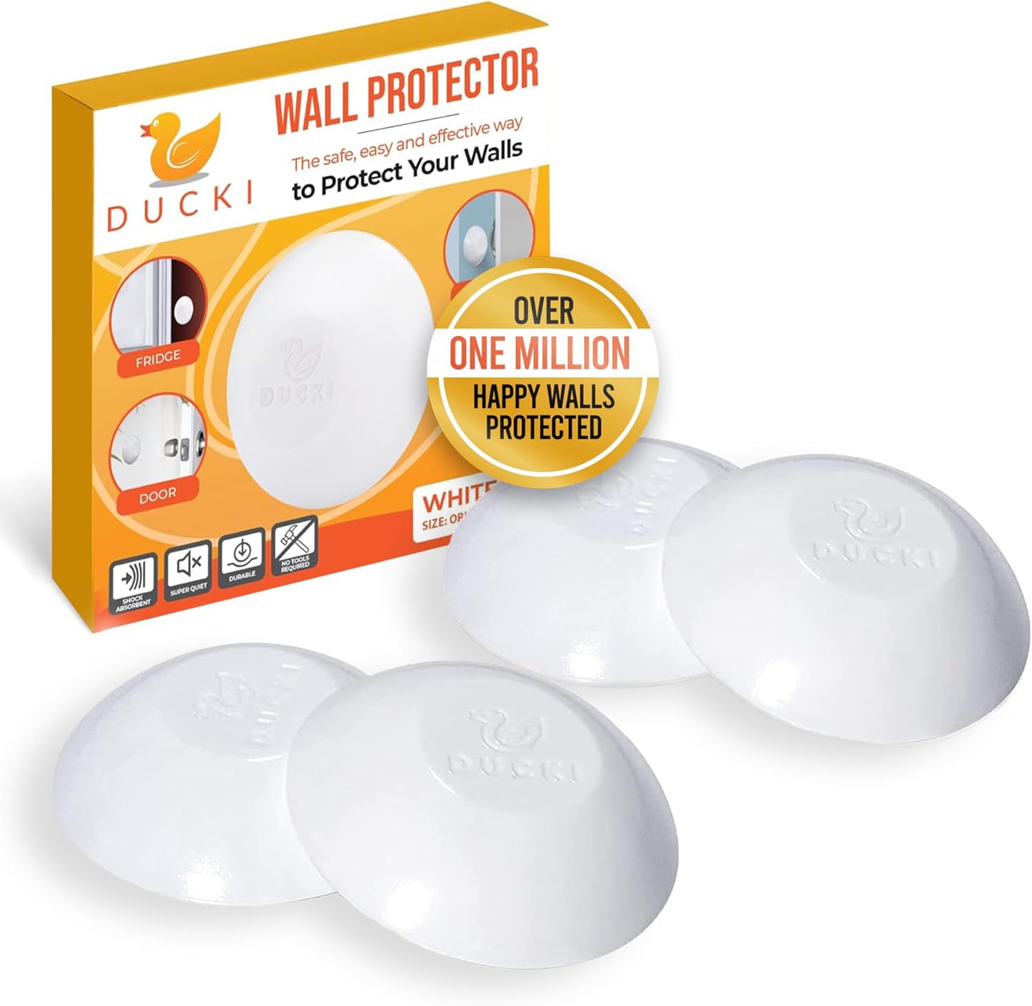 Ducki Wall Protectors -4 Pack White- Self Adhesive, Reusable Solution for Stopping Wall Damage & Noise from Doors, Refrigerators & More in Your Home or Office - Durable, Shock Absorbent & Discreet
