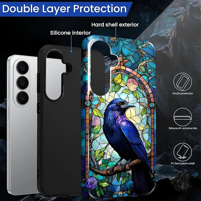 for Samsung Galaxy S26+ Case, Crow Faux Stained Glass Pattern Glossy 2 in 1 - Image 6