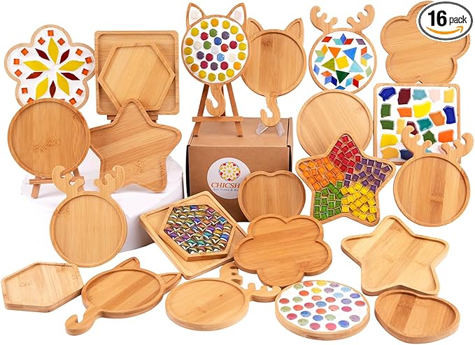 CHICSHIS 16 Pack Large Wooden Mosaic Bases – Assorted Shapes DIY Coaster Blanks by Unknown