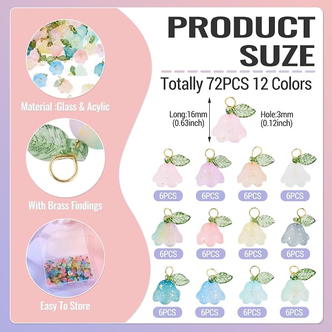 FASHEWELRY 72Pcs Mixed Color Glass Flower Charms 16mm Frosted Colorful - Image 4