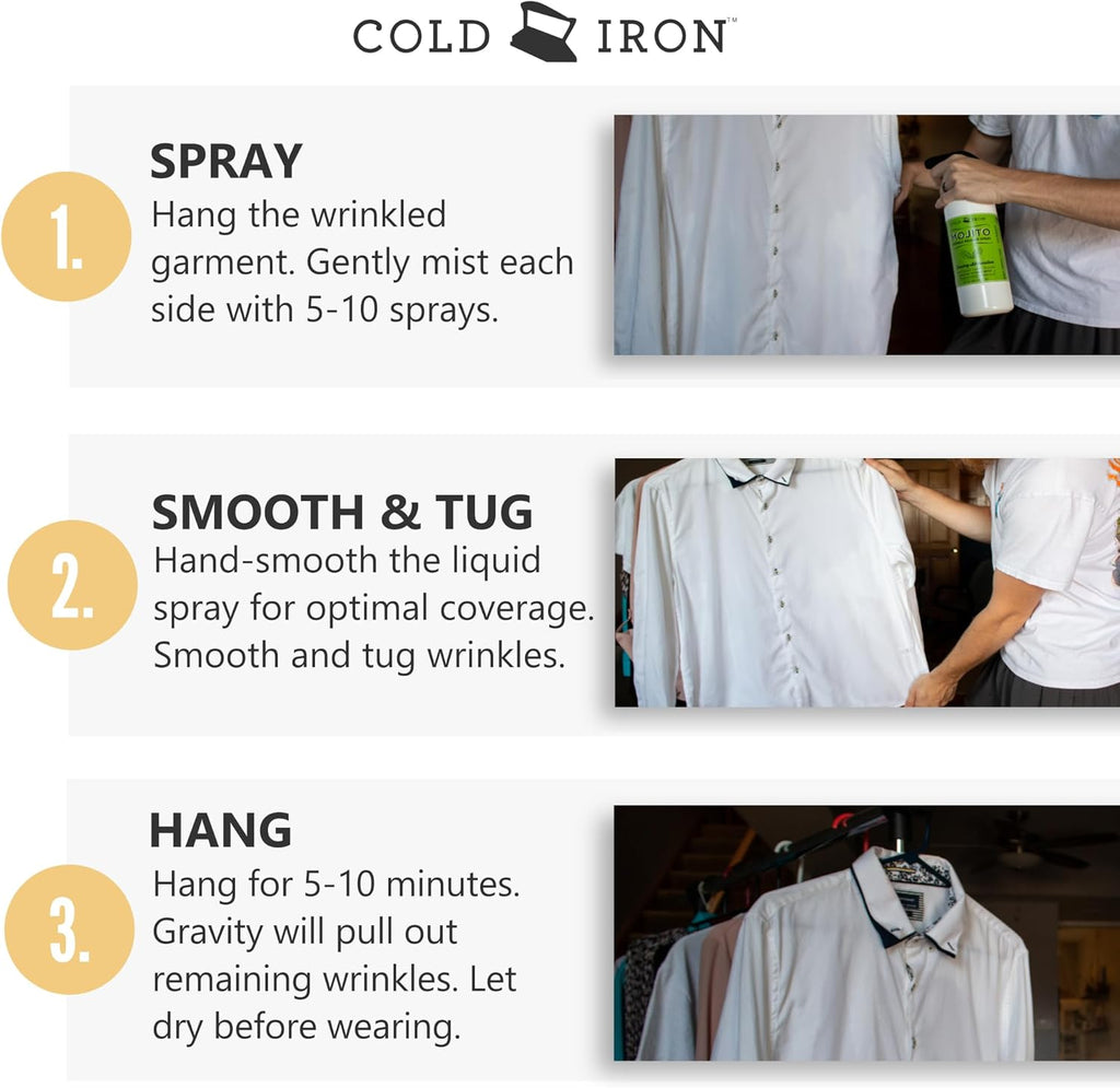 Cold Iron Wrinkle Release Spray 32 fl oz. Cranberry-Citrus. Plant Based Ironing Alternative. Fast, Easy to Use. Spray, Smooth, Hang. Award Winning Formula to Save You Time