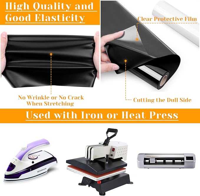 12" x 24ft Heat Transfer Vinyl Rolls, Flasoo 2 Rolls Black and White HTV Iron - Image 4