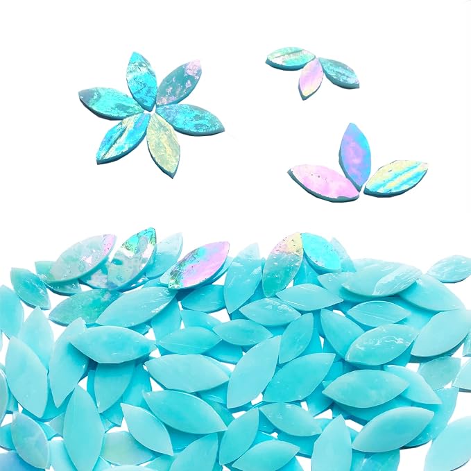 120 Pcs Iridescent Aqua Mosaic Tiles, Hand Cut Stained Glass Petals, Floral - Image 3