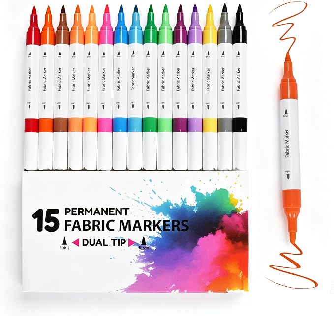 15 Dual Tip Fabric Marker Kit, Permanent Fabric Paint Markers | No-Bleed Fabric by Kato+Tirrinia