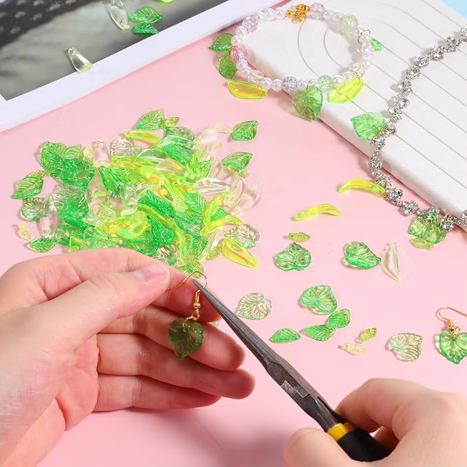 320 PCS Green Leaf Beads for Jewelry Making, Acrylic Green Leaf Charms - Image 3
