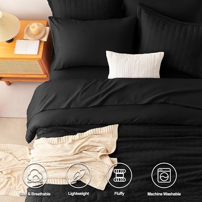 CozyLux Queen Comforter Set Black Seersucker 7 Pieces Bed in a Bag Queen - Image 2