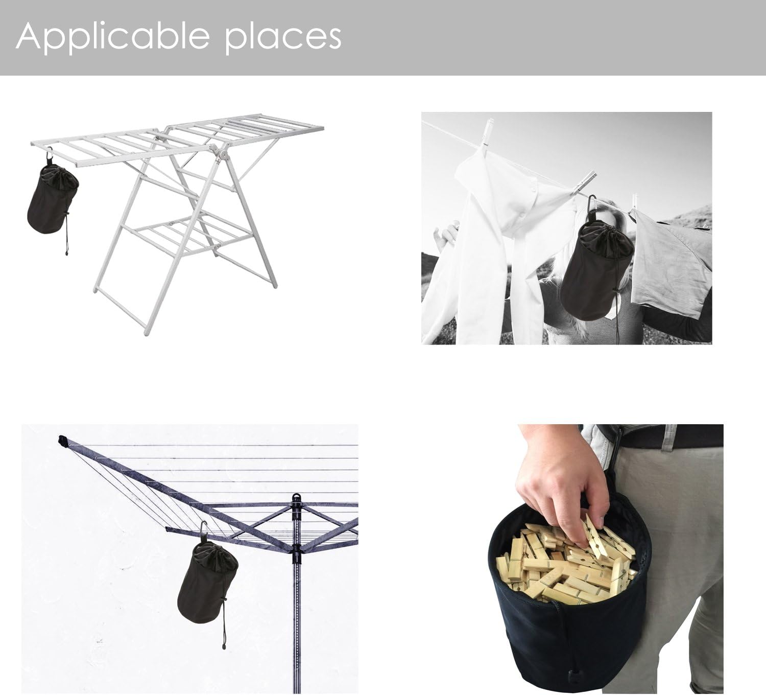 Clothespin Bag Hanging Clothesline Peg Organizer Storage Bags,Dust-proof (black)