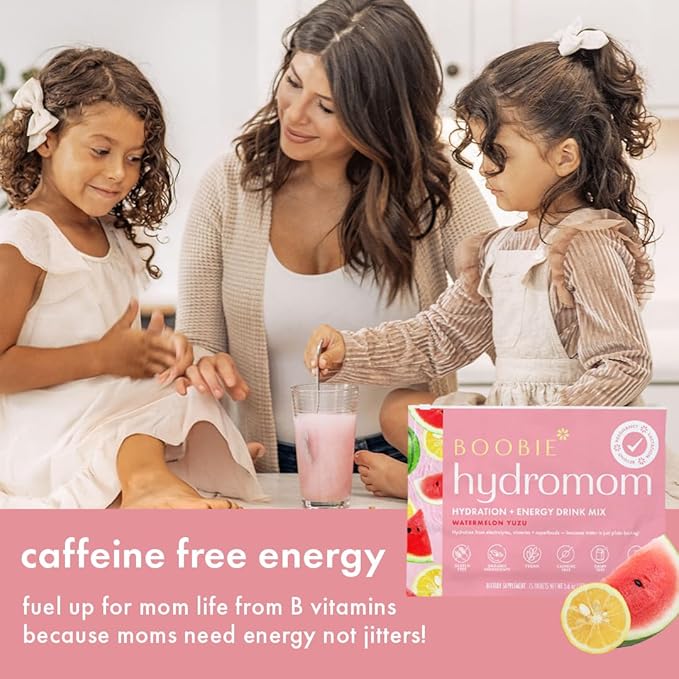 Boobie Hydromom Superfood Electrolyte Drink Mix, Watermelon Yuzu | Refreshing Energy & Hydration Boost for Mamas | On-The-Go & Travel Essentials for Pregnancy, Lactation, & Beyond, 10 Packets