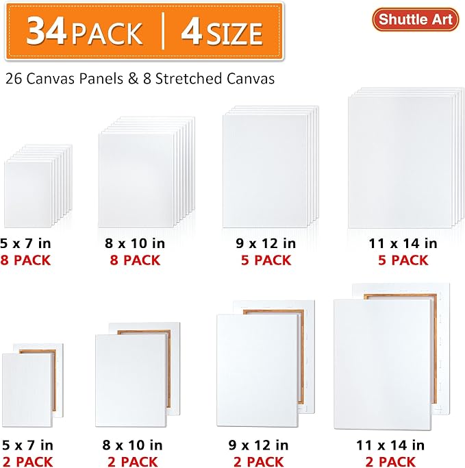Shuttle 34-Pack Art Canvas for Painting, 5x7/8x10/9x12/11x14 Inch 100% Cotton - Image 2