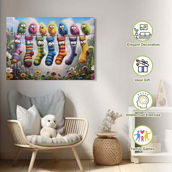 Birds Family Puzzles for Adults 1000 Pieces, Colorful Cartoon Socks 1000 Piece - Image 6