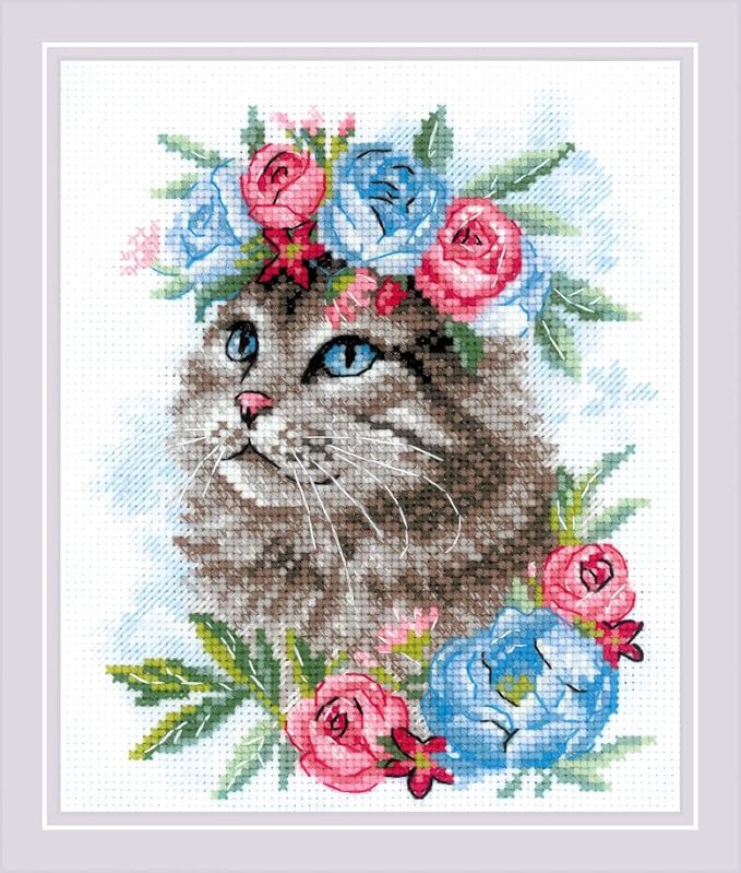 RIOLIS Cat in Flowers 2088, Cross Stitch Kits 6"x7", Cat Lovers & Advanced by RIOLIS