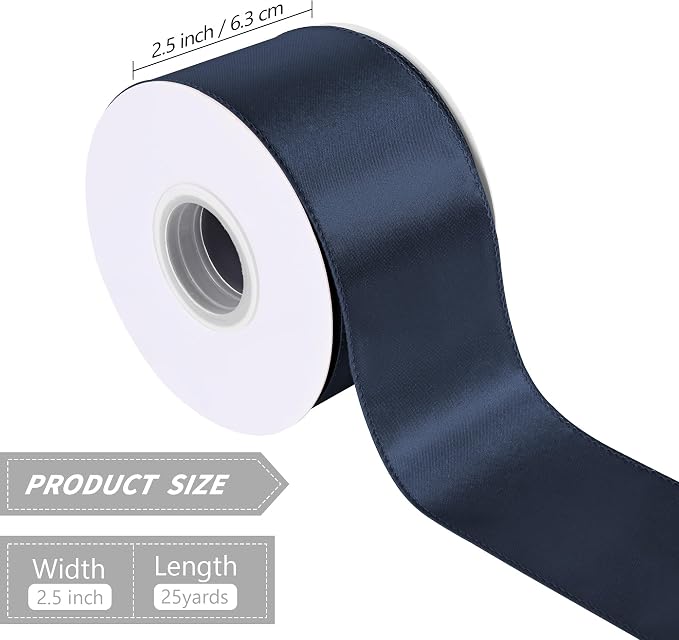 Navy Blue 2.5 Inch 25 Yards Satin Wired Ribbon - Image 2