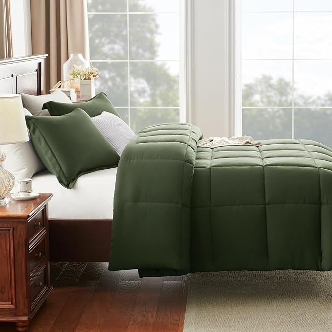 CozyLux Oversized Queen Comforter Set, 3 Pieces Olive Green 98x98 Box Stitched - Image 8