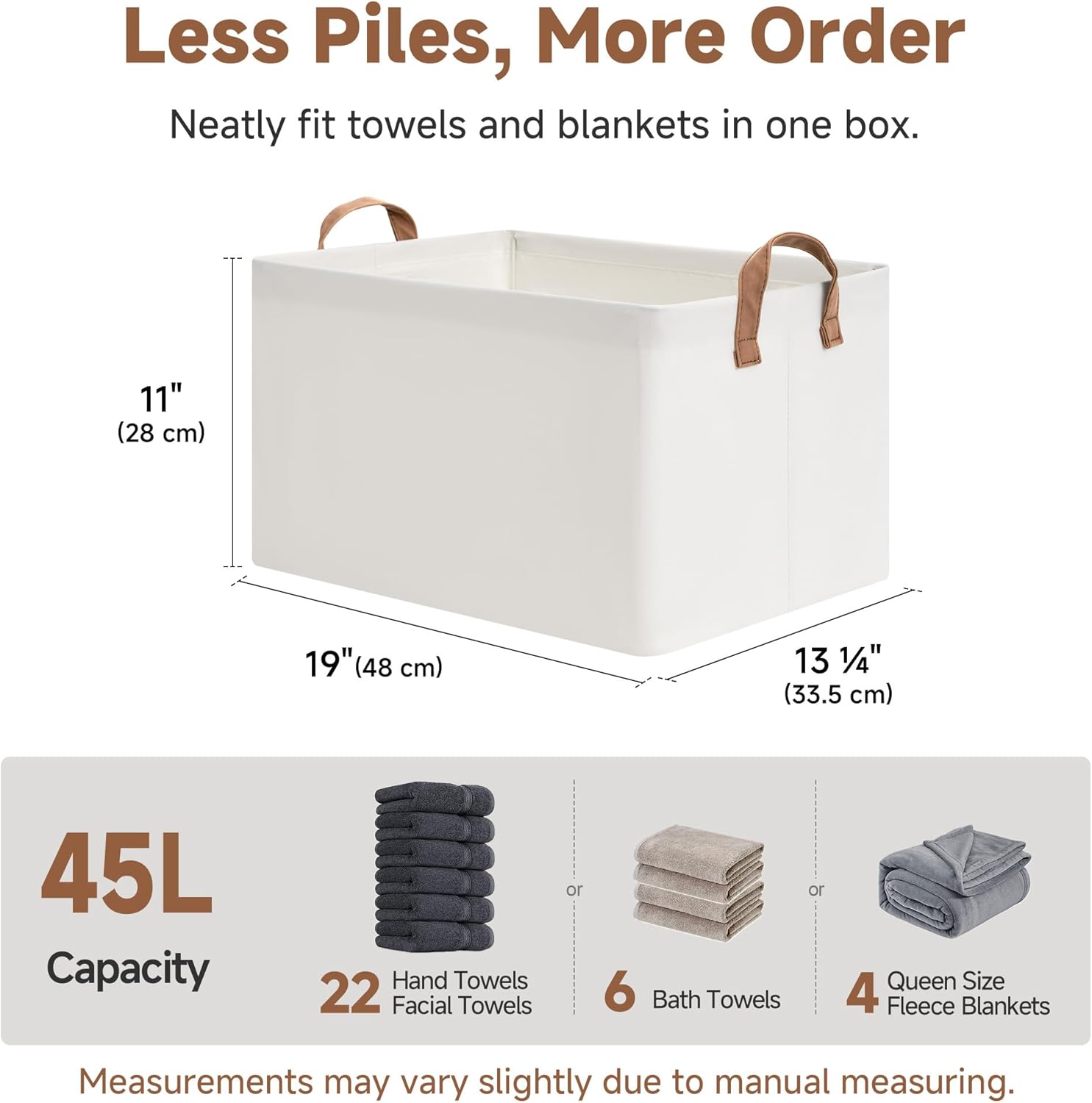 StorageWorks 45L Extra Large Fabric Storage Bins with PU Handles, Storage Baskets for Organizing, Large Laundry Basket, 2-Pack, Beige, 19" L X 13.25" W X 11" H