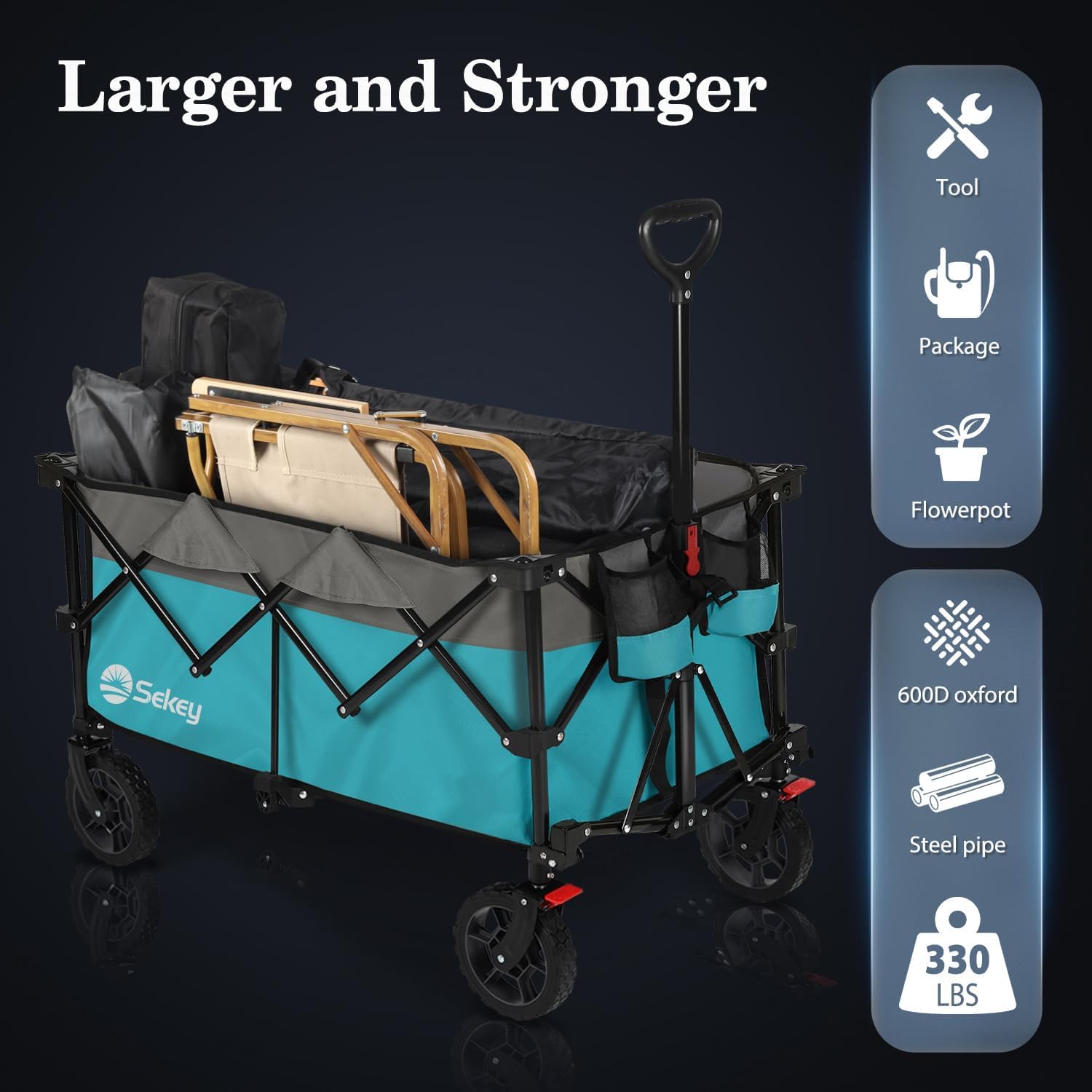 Sekey 220L Collapsible Foldable Wagon with 330lbs Weight Capacity, Heavy Duty Folding Wagon Cart with Big All-Terrain Wheels & Drink Holders (Turquoise)