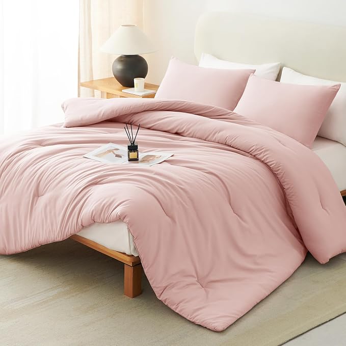 CozyLux King Size Comforter Set Blush Pink, 3 Pieces Solid Comforters King Size by CozyLux