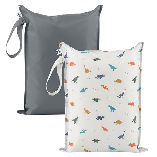 Tiny Twinkle Wet Dry Bag – 2 Pack Reusable Waterproof & Mess Proof Wet Bags for Swimsuits & Travel, Baby Towels & Beach Essentials,a Diaper Bag Must-Have(Dinosaur)
