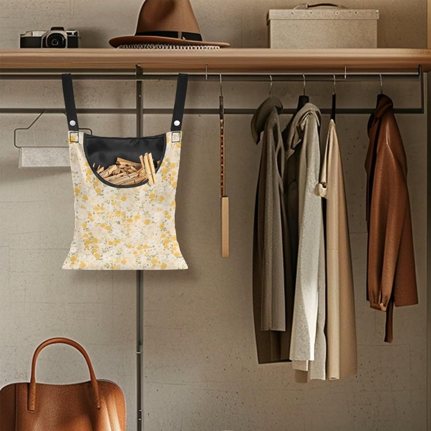 Clothespin Bag with Large Capacity for Mini and Wooden Clothespins with Large Opening Storage Organizer Laundry Hanging Bag - Floral Pattern